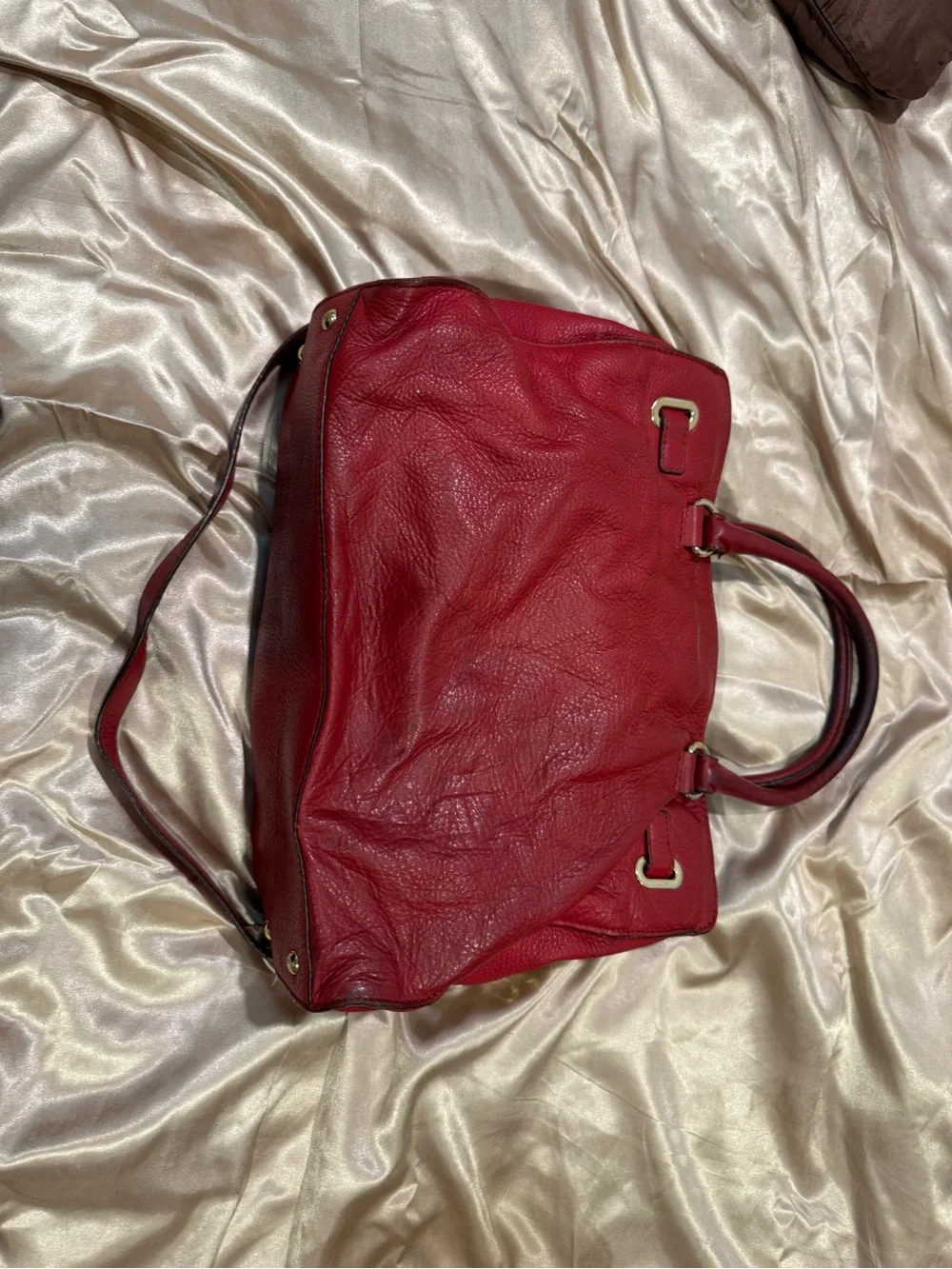 Michael Kors Hamilton Red Pebbled Leather Tote Satchel with Gold Plate